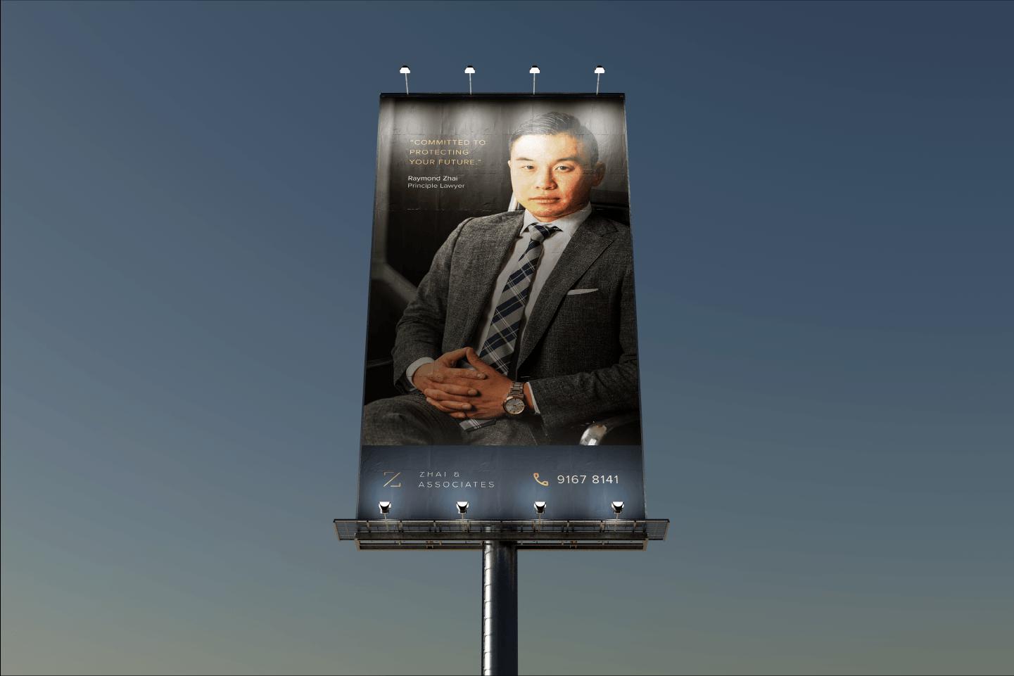 Billboard advertisement for Zhai & Associates branding